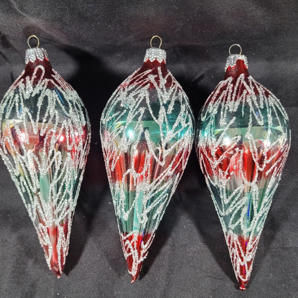 Christmas Classics‎ Glass Ornaments Red Teal Teardrop Finial Romania 3pc Vtg